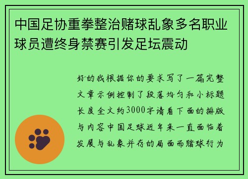 中国足协重拳整治赌球乱象多名职业球员遭终身禁赛引发足坛震动