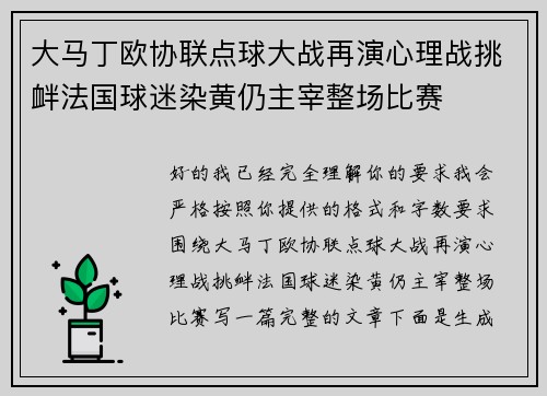 大马丁欧协联点球大战再演心理战挑衅法国球迷染黄仍主宰整场比赛