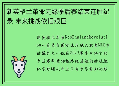 新英格兰革命无缘季后赛结束连胜纪录 未来挑战依旧艰巨